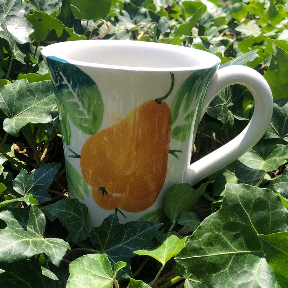 Hand-Painted Pear Ceramic Mug - White with Yellow and Green Design